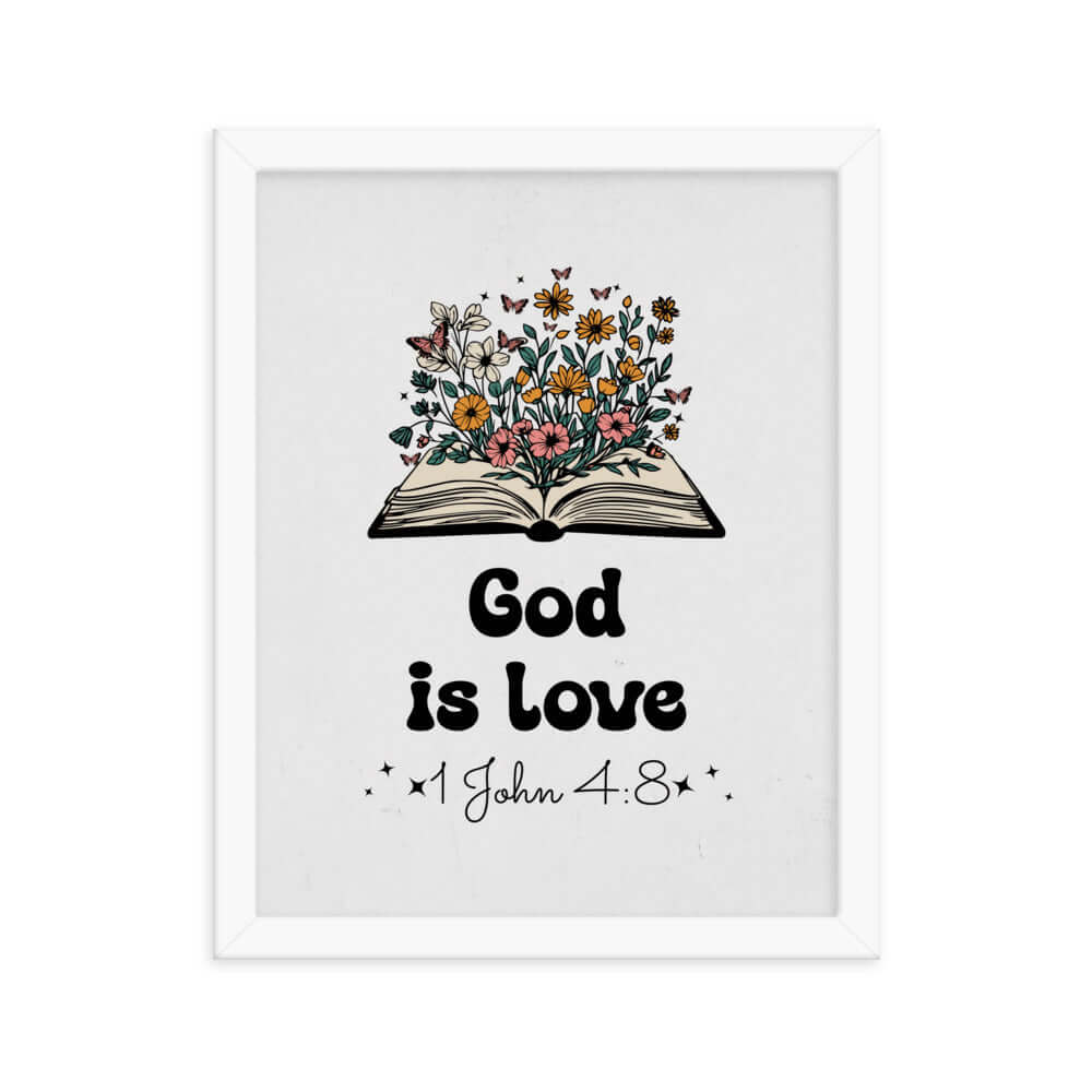 1 John 4:8 Bible Verse, God is Love Premium Luster Photo Paper Framed Poster Wall Art White 11″×14″
