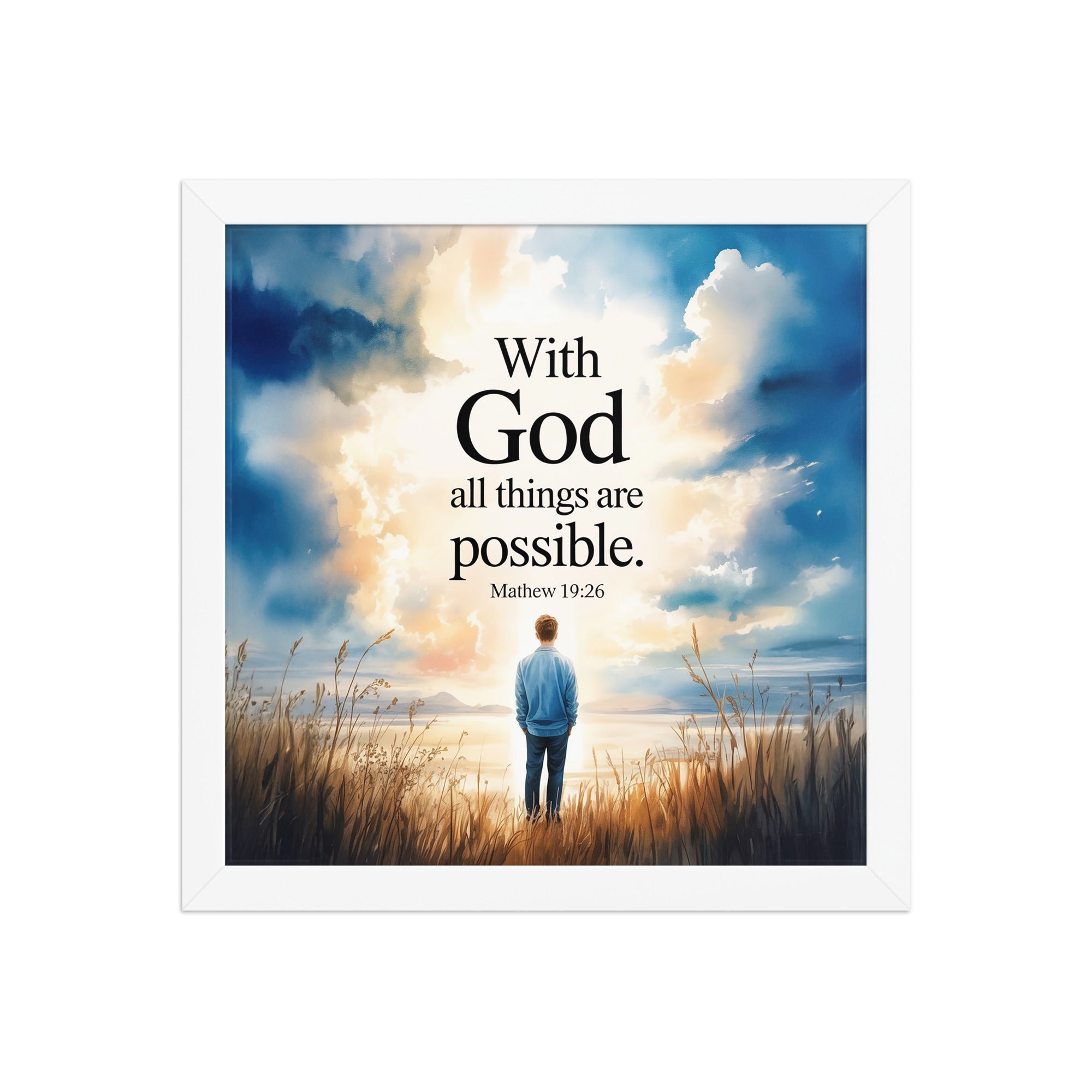 Matthew 19:26 Bible Verse Jesus Premium Luster Photo Paper Framed Poster White 12″×12″