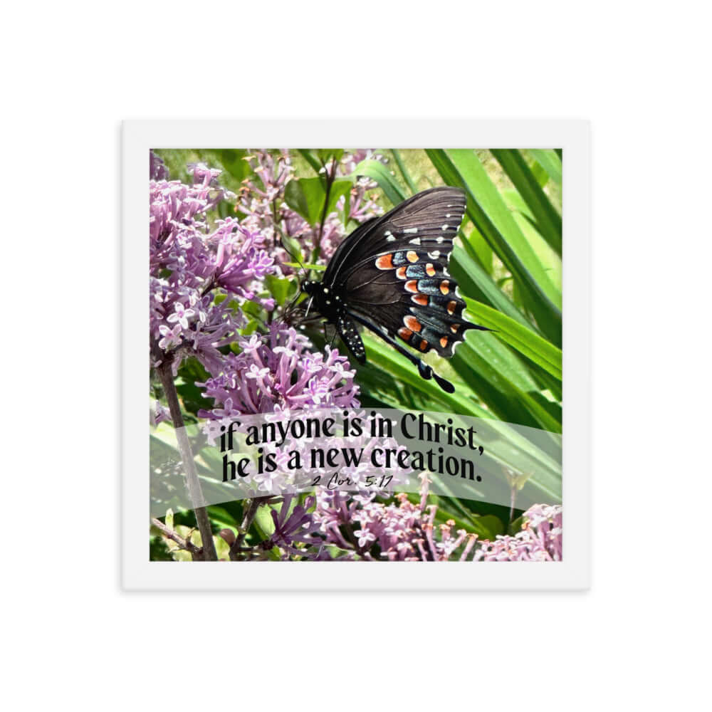 2 Corinthians 5:17 Bible Verse, Butterfly Premium Luster Photo Paper Framed Poster Wall Art White 12″×12″