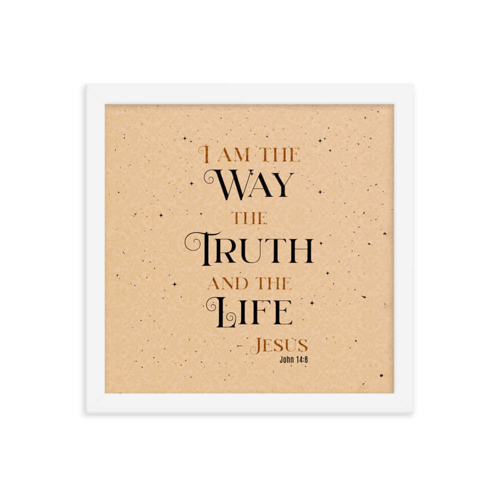 John 14:6 Bible Verse, Color Text Brown Background Premium Luster Photo Paper Framed Poster Wall Art White 12″×12″