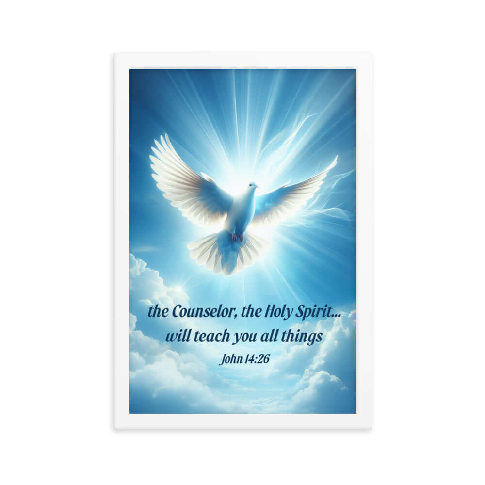 John 14:26 Bible Verse, Holy Spirit Dove Premium Luster Photo Paper Framed Poster Wall Art White 12″×18″