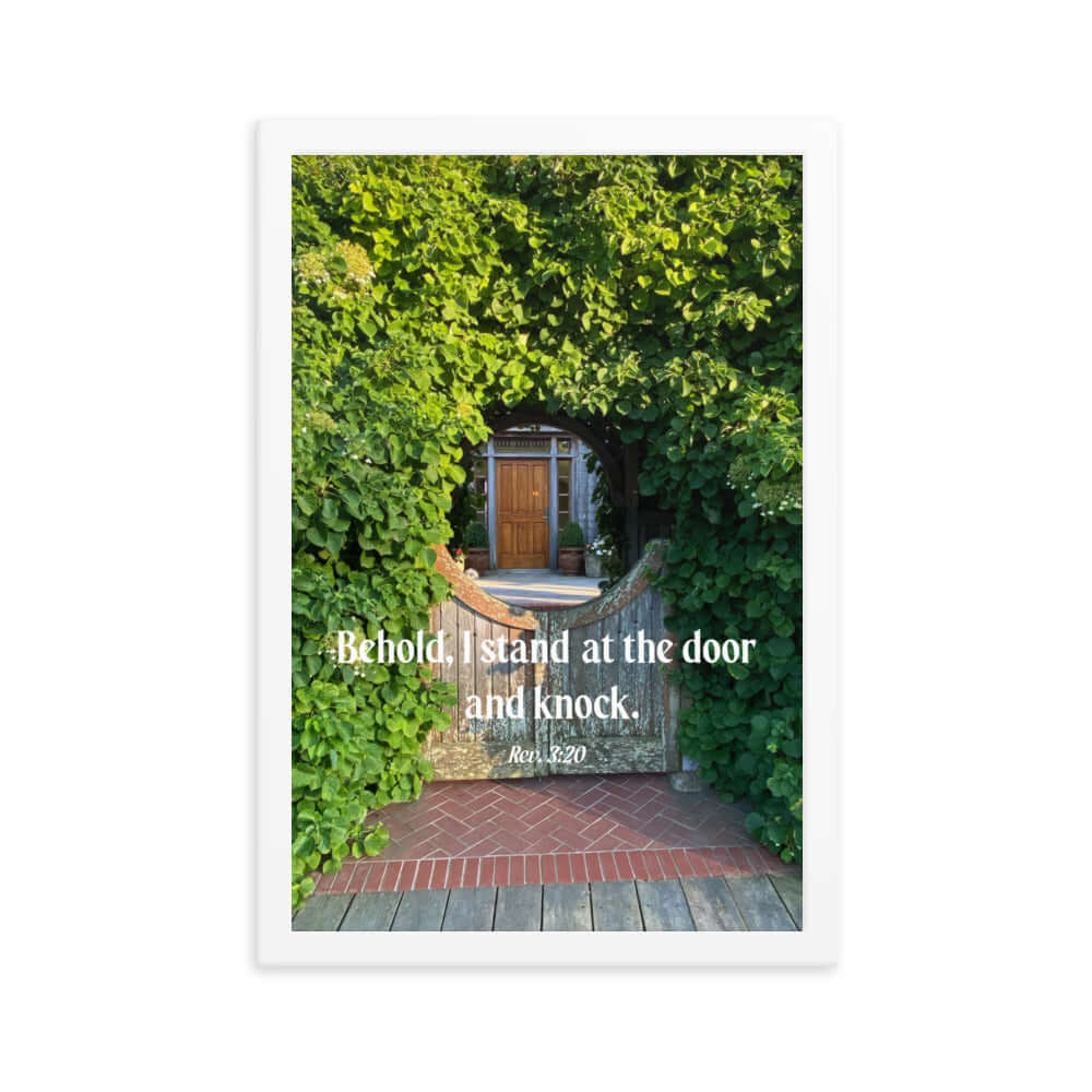 Revelation 3:20 Bible Verse, Garden Doorway Premium Luster Photo Paper Framed Poster Wall Art White 12″×18″
