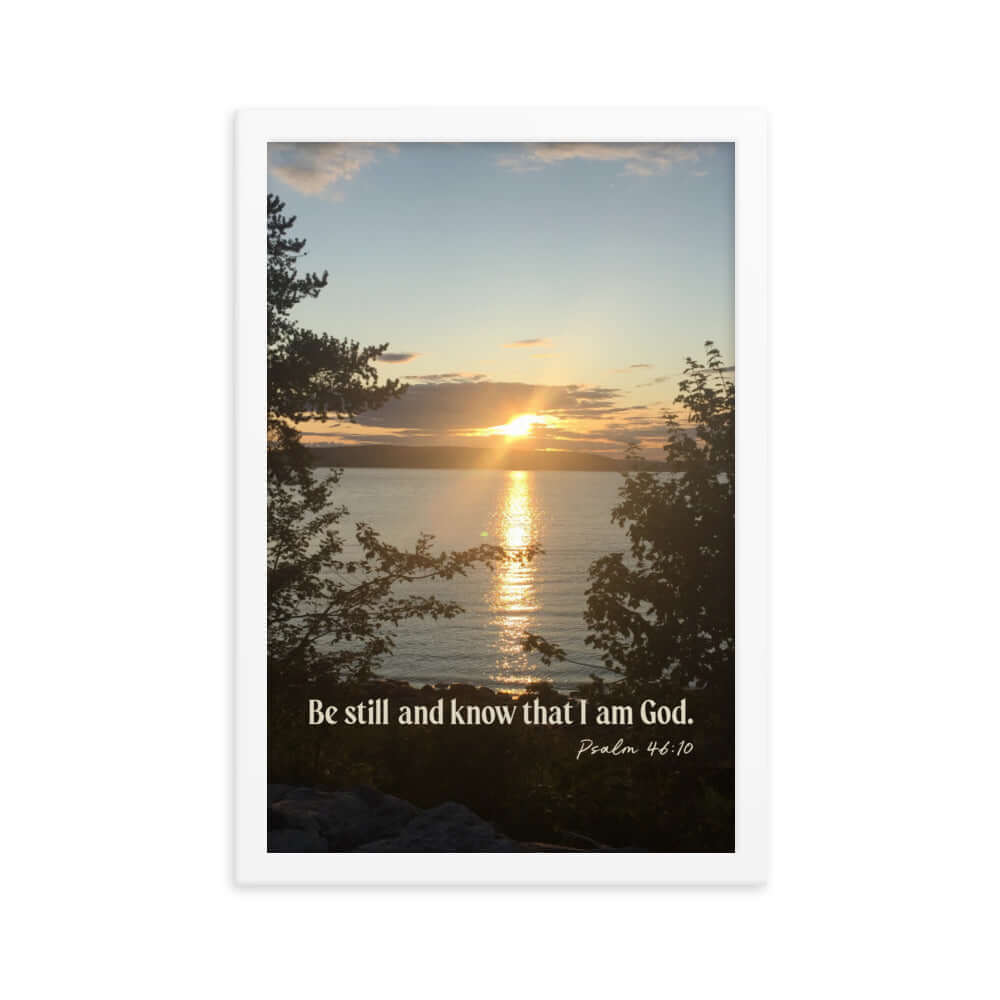 Psalm 46:10 Bible Verse, Sunset Glory Premium Luster Photo Paper Framed Poster Wall Art White 12″×18″