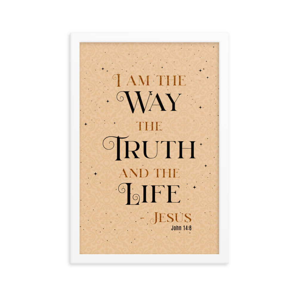 John 14:6 Bible Verse, Color Text Brown Background Premium Luster Photo Paper Framed Poster Wall Art White 12″×18″