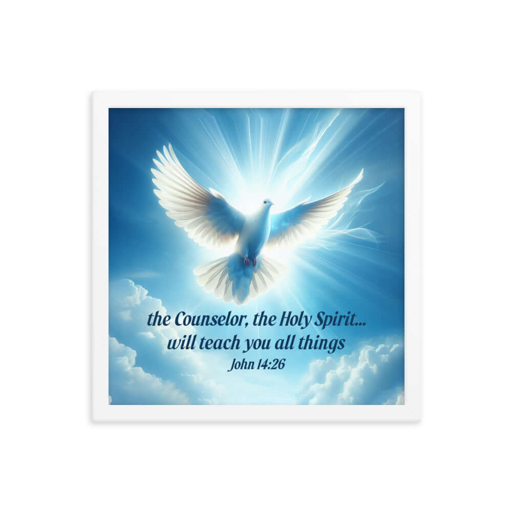 John 14:26 Bible Verse, Holy Spirit Dove Premium Luster Photo Paper Framed Poster Wall Art White 14″×14″