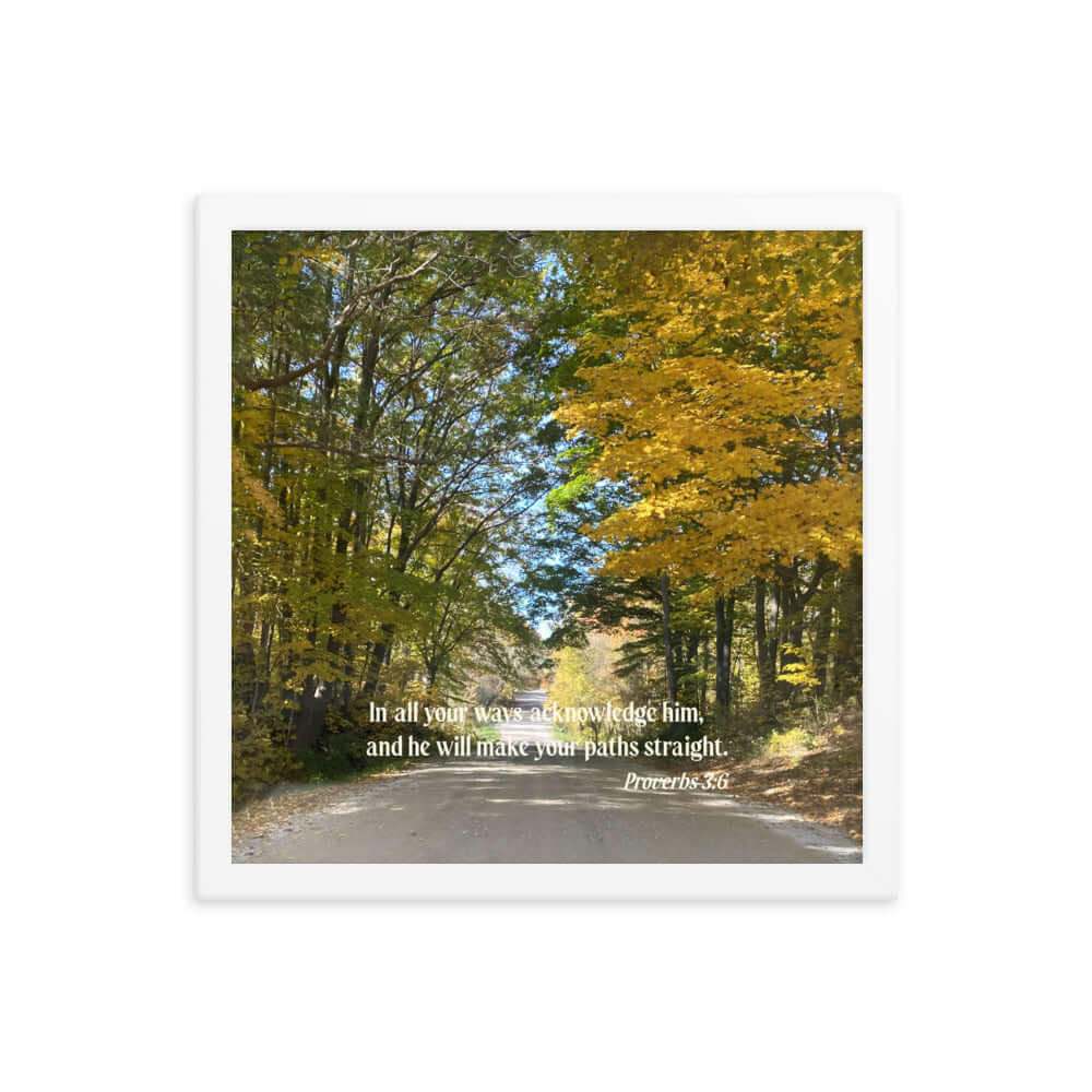 Proverbs 3:6 Bible Verse, Fall Road Premium Luster Photo Paper Framed Poster Wall Art White 14″×14″