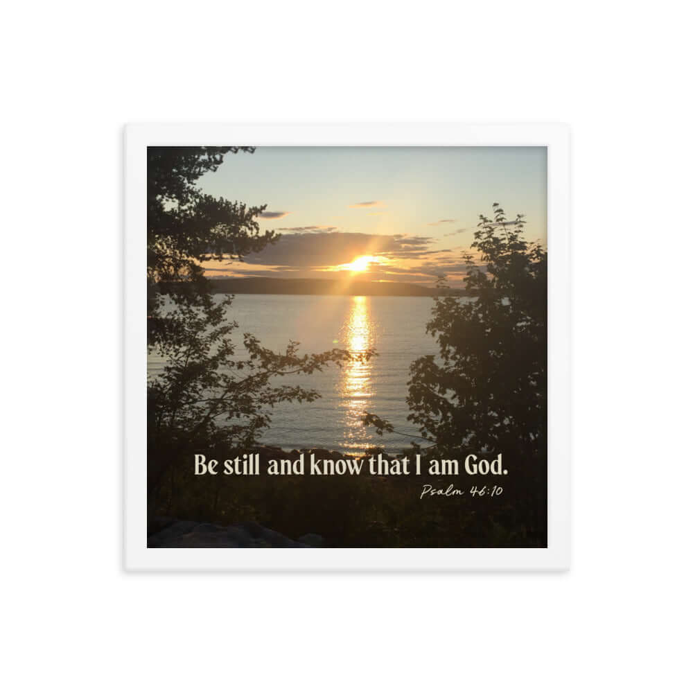 Psalm 46:10 Bible Verse, Sunset Glory Premium Luster Photo Paper Framed Poster Wall Art White 14″×14″