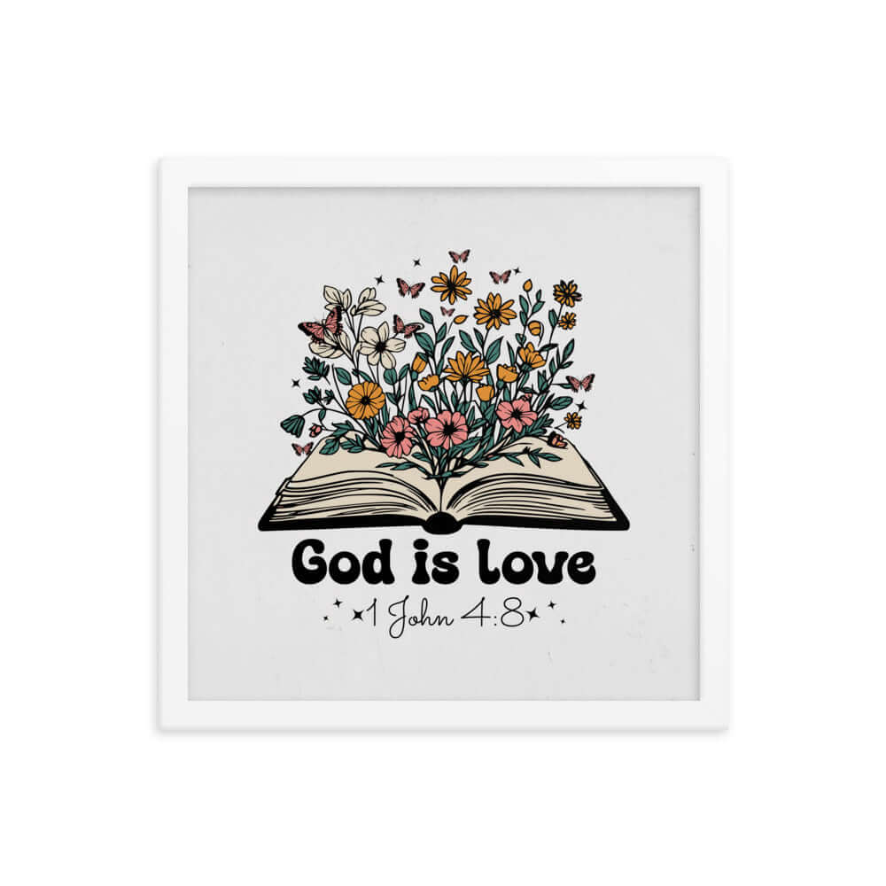 1 John 4:8 Bible Verse, God is Love Premium Luster Photo Paper Framed Poster Wall Art White 14″×14″