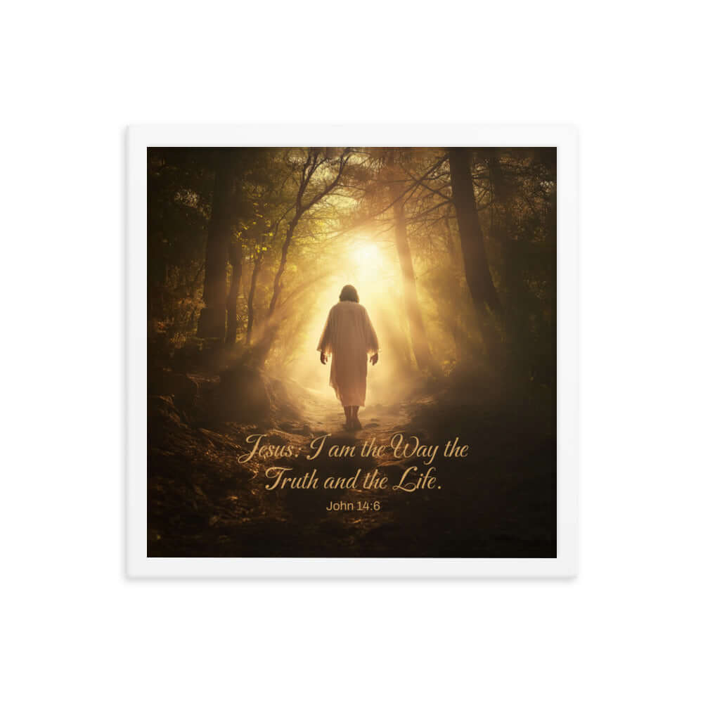 John 14:6 Bible Verse, Forest Image Premium Luster Photo Paper Framed Poster Wall Art White 16″×16″