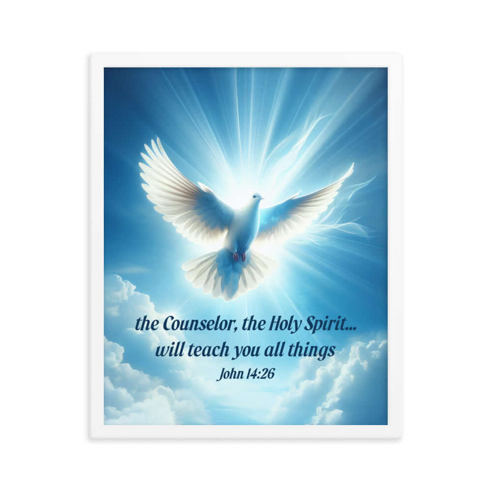 John 14:26 Bible Verse, Holy Spirit Dove Premium Luster Photo Paper Framed Poster Wall Art White 16″×20″