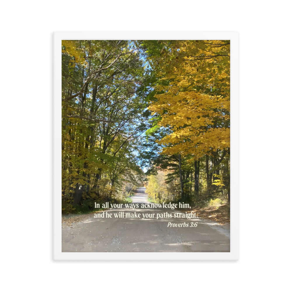 Proverbs 3:6 Bible Verse, Fall Road Premium Luster Photo Paper Framed Poster Wall Art White 16″×20″