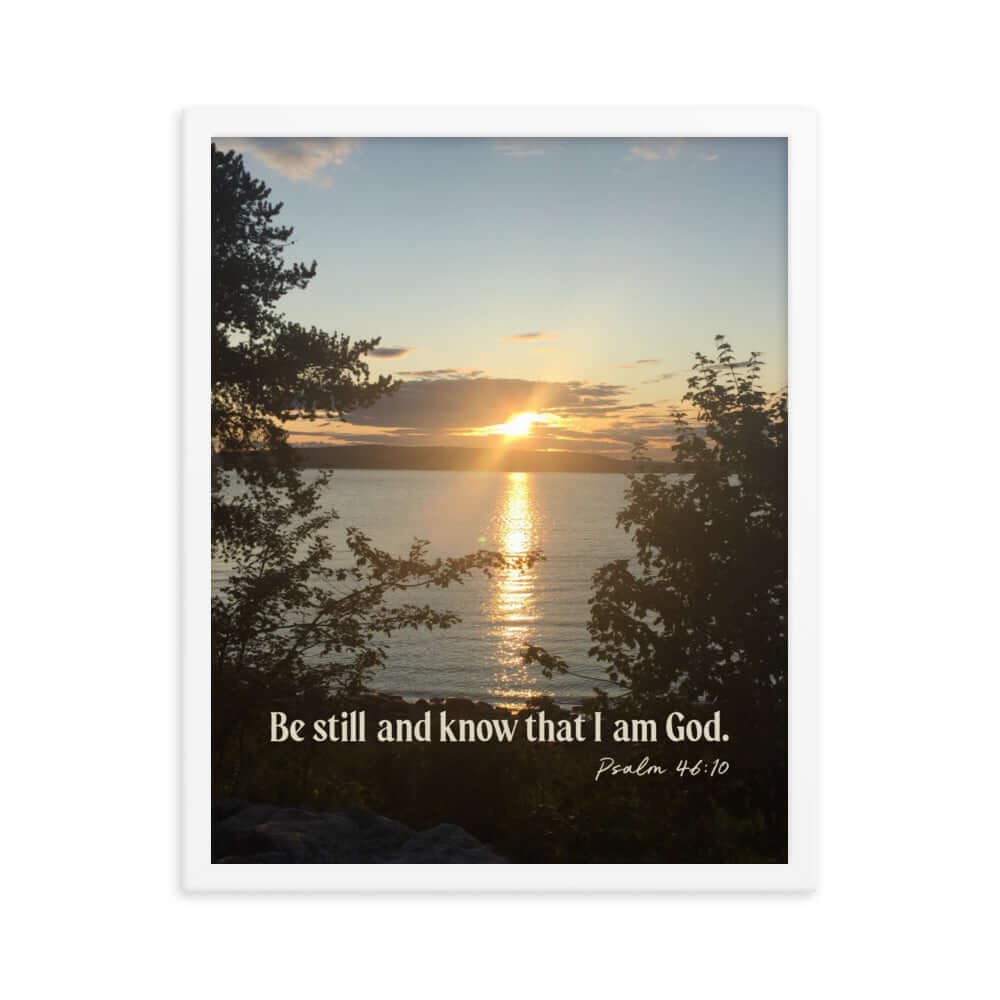 Psalm 46:10 Bible Verse, Sunset Glory Premium Luster Photo Paper Framed Poster Wall Art White 16″×20″