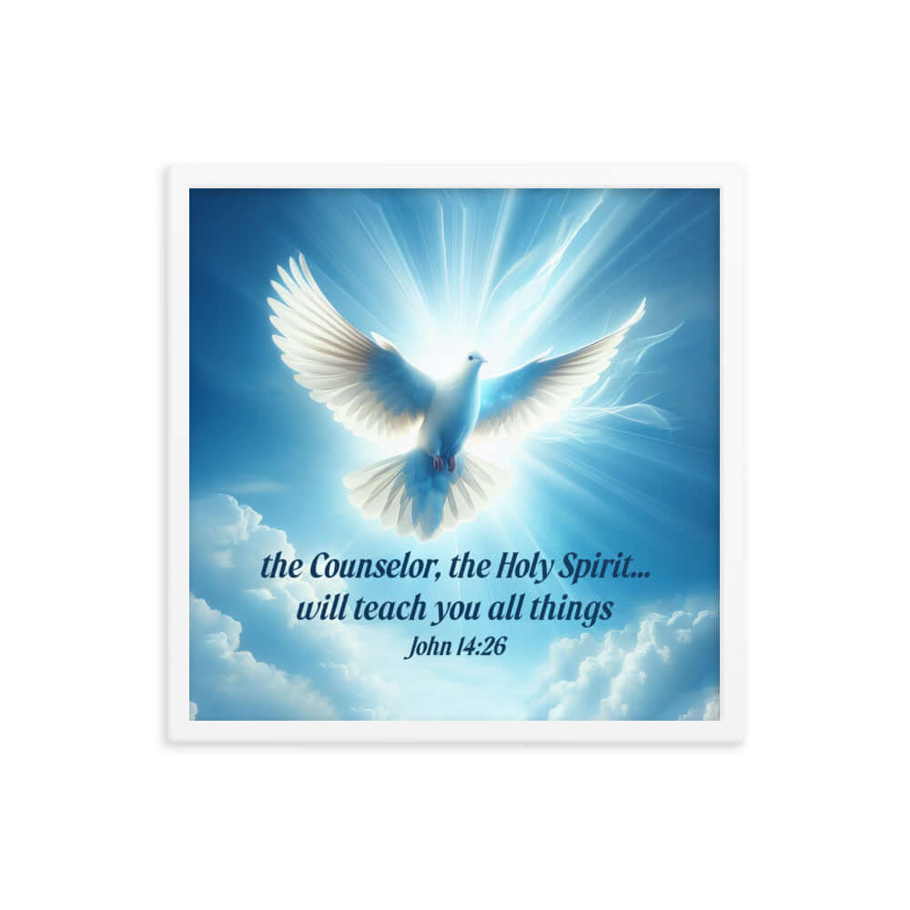 John 14:26 Bible Verse, Holy Spirit Dove Premium Luster Photo Paper Framed Poster Wall Art White 18″×18″