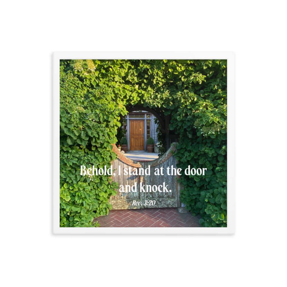 Revelation 3:20 Bible Verse, Garden Doorway Premium Luster Photo Paper Framed Poster Wall Art White 18″×18″