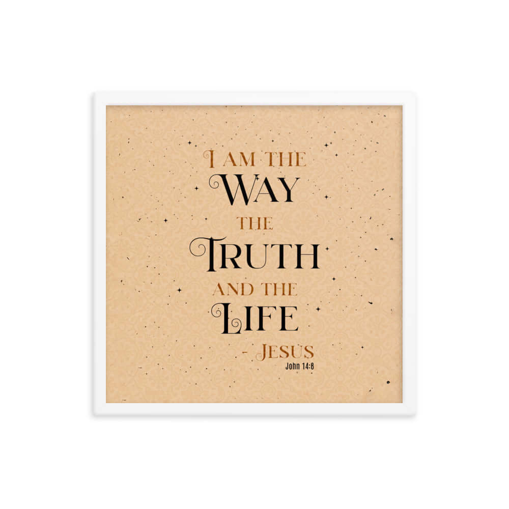 John 14:6 Bible Verse, Color Text Brown Background Premium Luster Photo Paper Framed Poster Wall Art White 18″×18″
