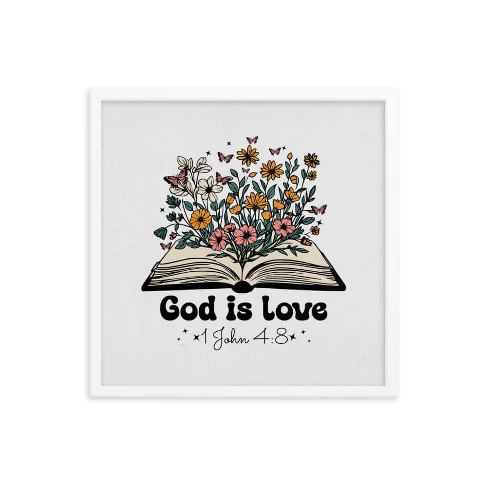 1 John 4:8 Bible Verse, God is Love Premium Luster Photo Paper Framed Poster Wall Art White 18″×18″
