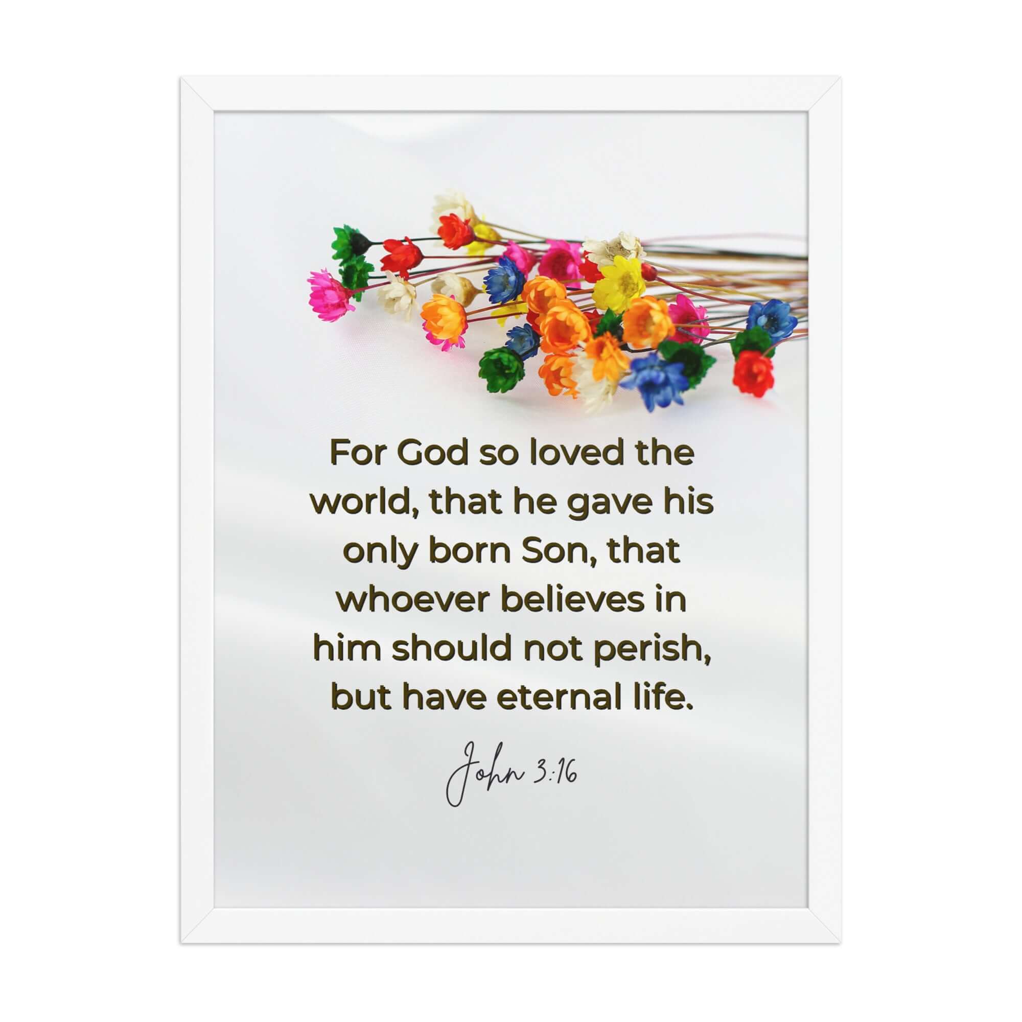 John 3:16 Bible Verse, He gave His Son Premium Luster Photo Paper Framed Poster Wall Art White 18″×24″