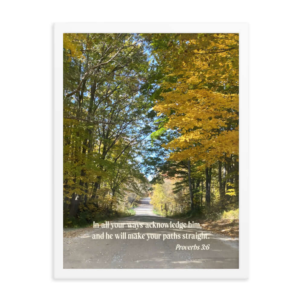 Proverbs 3:6 Bible Verse, Fall Road Premium Luster Photo Paper Framed Poster Wall Art White 18″×24″