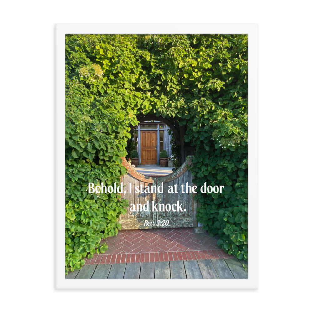 Revelation 3:20 Bible Verse, Garden Doorway Premium Luster Photo Paper Framed Poster Wall Art White 18″×24″