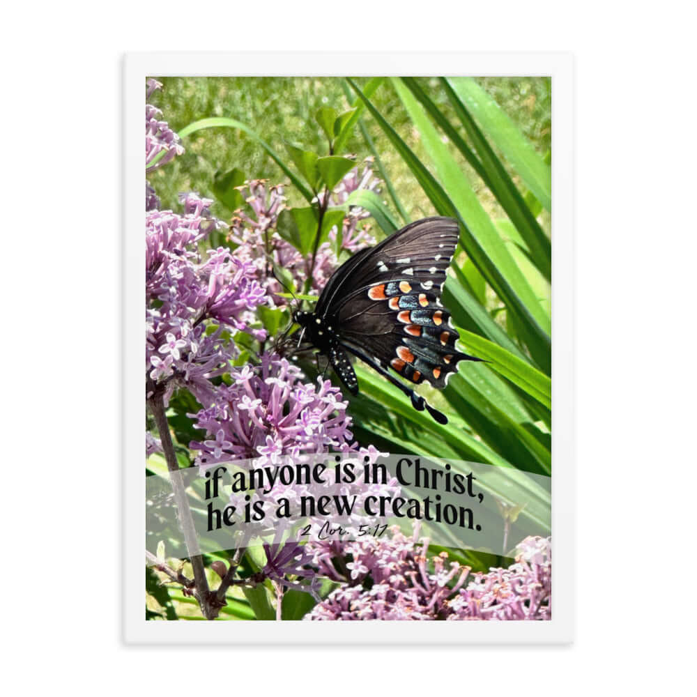 2 Corinthians 5:17 Bible Verse, Butterfly Premium Luster Photo Paper Framed Poster Wall Art White 18″×24″