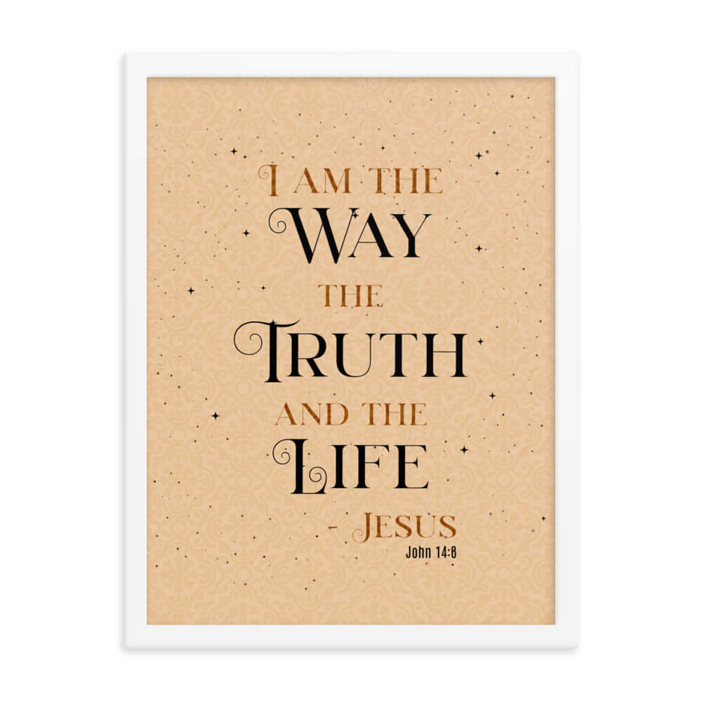 John 14:6 Bible Verse, Color Text Brown Background Premium Luster Photo Paper Framed Poster Wall Art