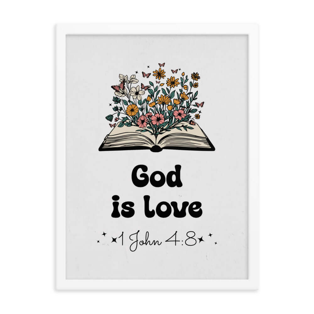 1 John 4:8 Bible Verse, God is Love Premium Luster Photo Paper Framed Poster Wall Art White 18″×24″