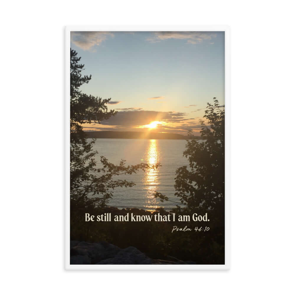 Psalm 46:10 Bible Verse, Sunset Glory Premium Luster Photo Paper Framed Poster Wall Art White 24″×36″