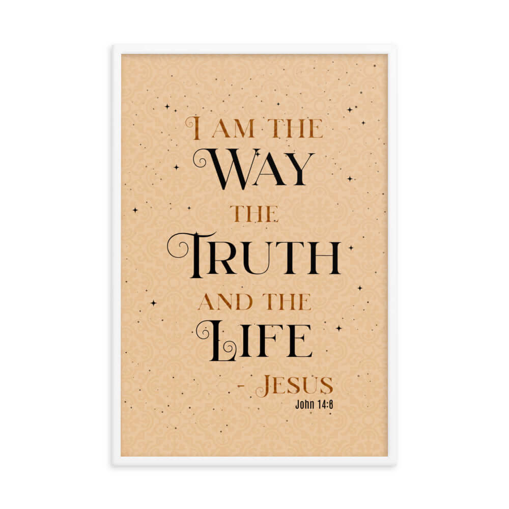 John 14:6 Bible Verse, Color Text Brown Background Premium Luster Photo Paper Framed Poster Wall Art White 24″×36″