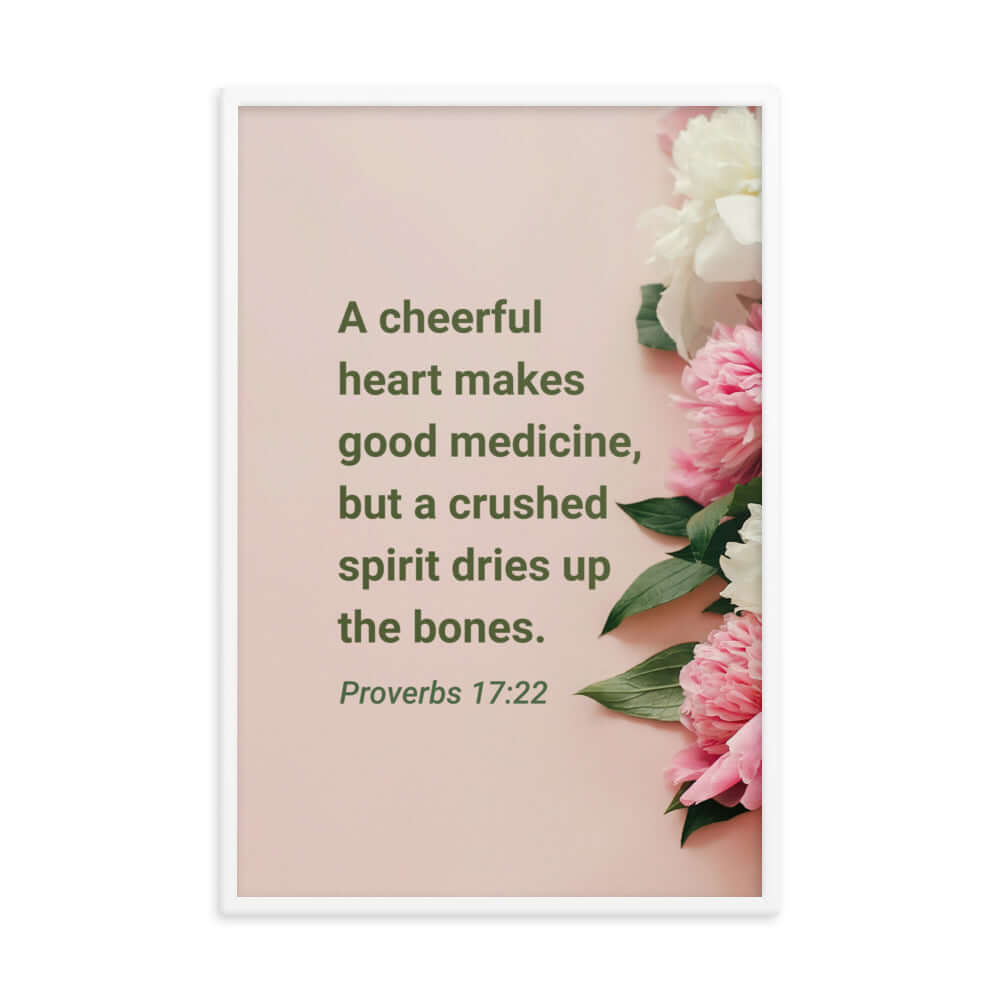 Proverbs 17:22 Bible Verse, good medicine Premium Luster Photo Paper Framed Poster Wall Art White 24″×36″