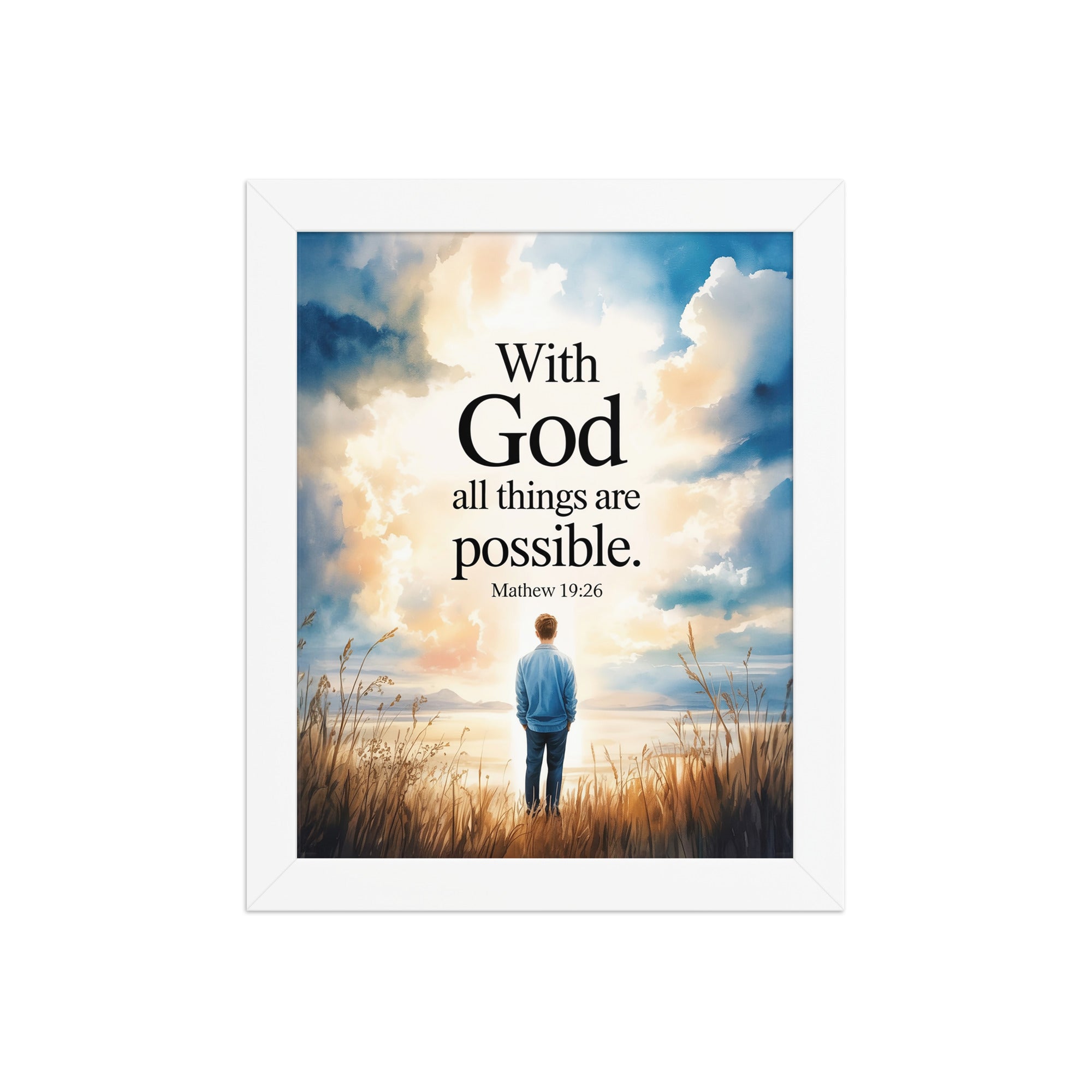 Matthew 19:26 Bible Verse Jesus Premium Luster Photo Paper Framed Poster White 8″×10″