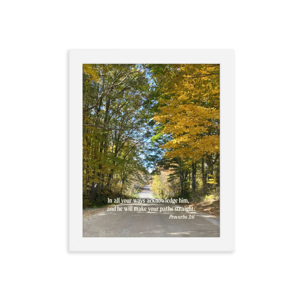 Proverbs 3:6 Bible Verse, Fall Road Premium Luster Photo Paper Framed Poster Wall Art White 8″×10″