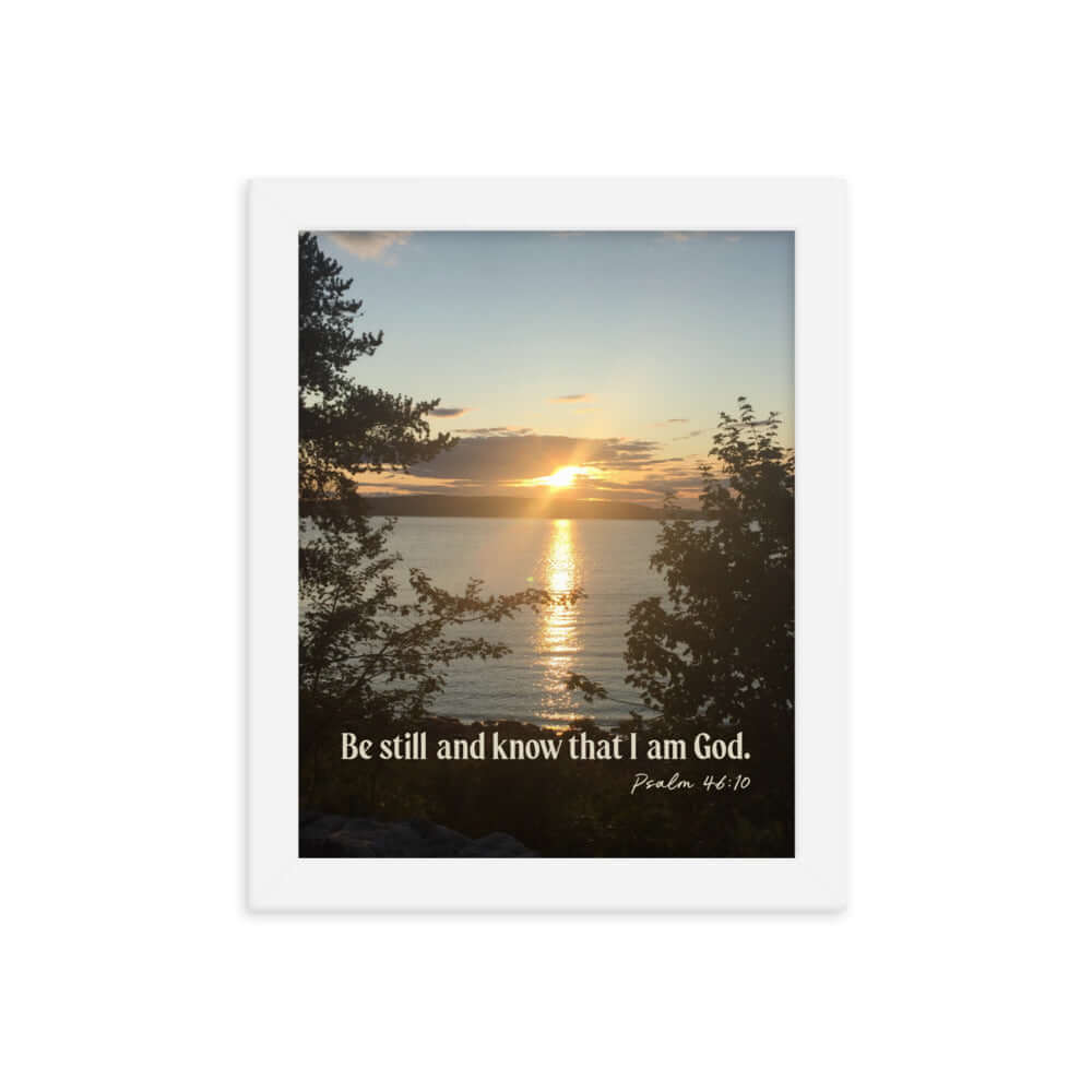 Psalm 46:10 Bible Verse, Sunset Glory Premium Luster Photo Paper Framed Poster Wall Art White 8″×10″