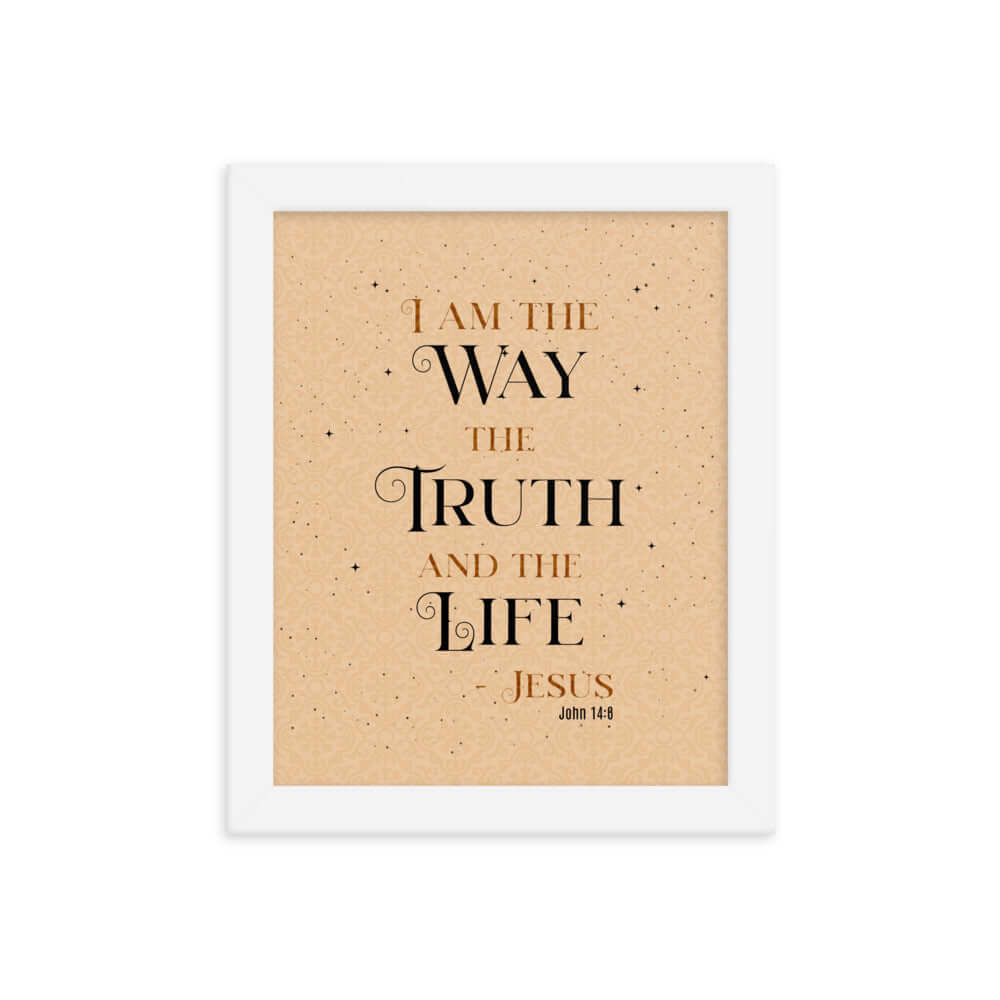 John 14:6 Bible Verse, Color Text Brown Background Premium Luster Photo Paper Framed Poster Wall Art