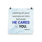 1 Peter 5:7 Bible Verse, casting all your worries on Him Premium Luster Photo Paper Poster Wall Art 10″×10″