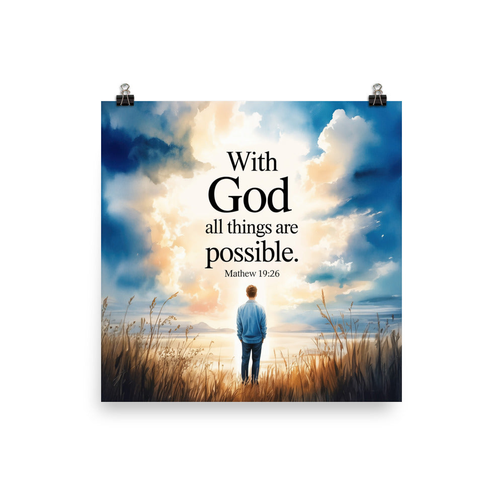 Matthew 19:26 Bible Verse Jesus Premium Luster Photo Paper Poster 10″×10″