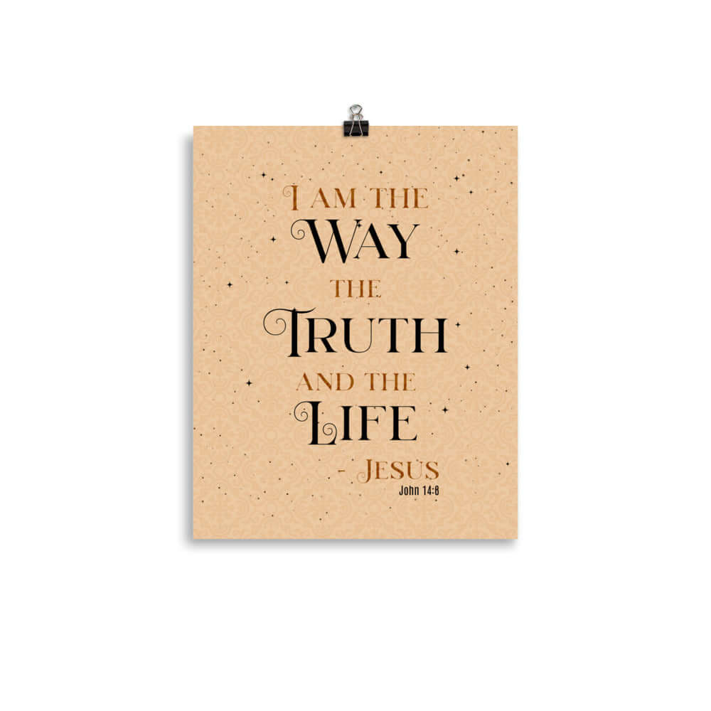John 14:6 Bible Verse, Color Text Brown Background Premium Luster Photo Paper Poster Wall Art 11″×14″