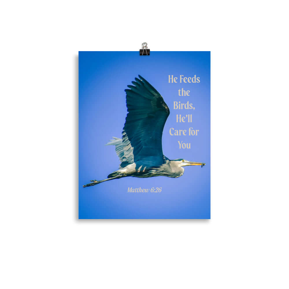 Matthew 6:26 Graceful Heron, He'll Care for You Premium Luster Photo Paper Poster Wall Art 11″×14″