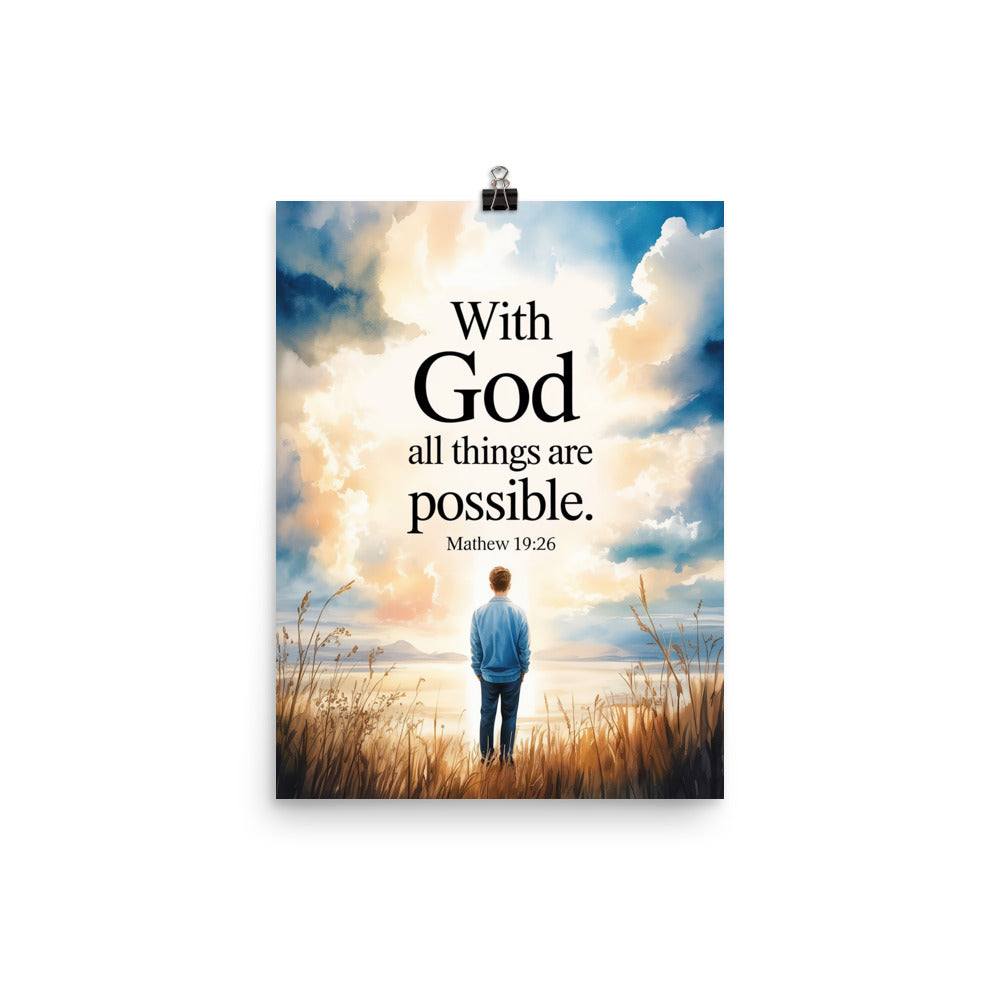 Matthew 19:26 Bible Verse Jesus Premium Luster Photo Paper Poster 12″×16″