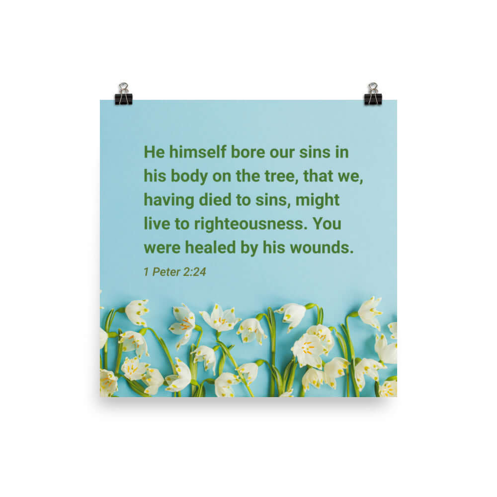 1 Peter 2:24 Bible Verse, healed by His wounds Premium Luster Photo Paper Poster Wall Art 16″×16″