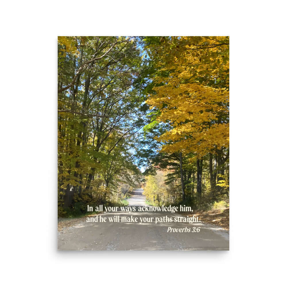 Proverbs 3:6 Bible Verse, Fall Road Premium Luster Photo Paper Poster Wall Art