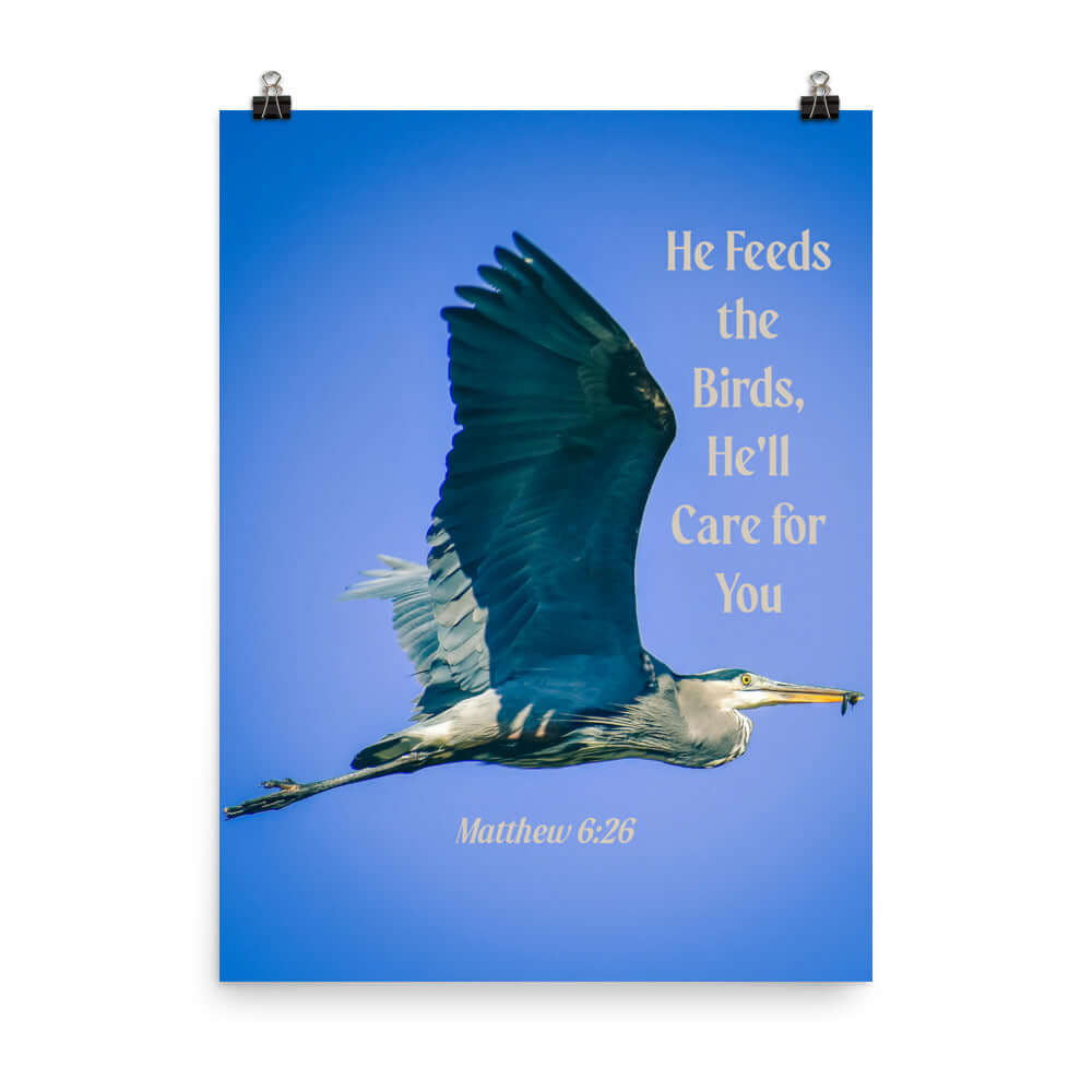 Matthew 6:26 Graceful Heron, He'll Care for You Premium Luster Photo Paper Poster Wall Art 18″×24″