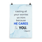 1 Peter 5:7 Bible Verse, casting all your worries on Him Premium Luster Photo Paper Poster Wall Art 24″×36″