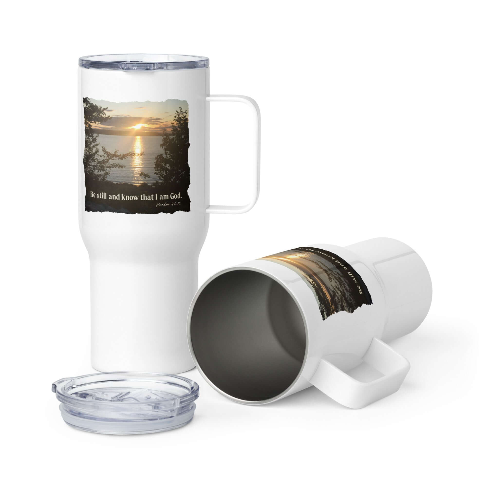 Psalm 46:10 Bible Verse, Sunset Glory Travel Mug with a Handle Default Title