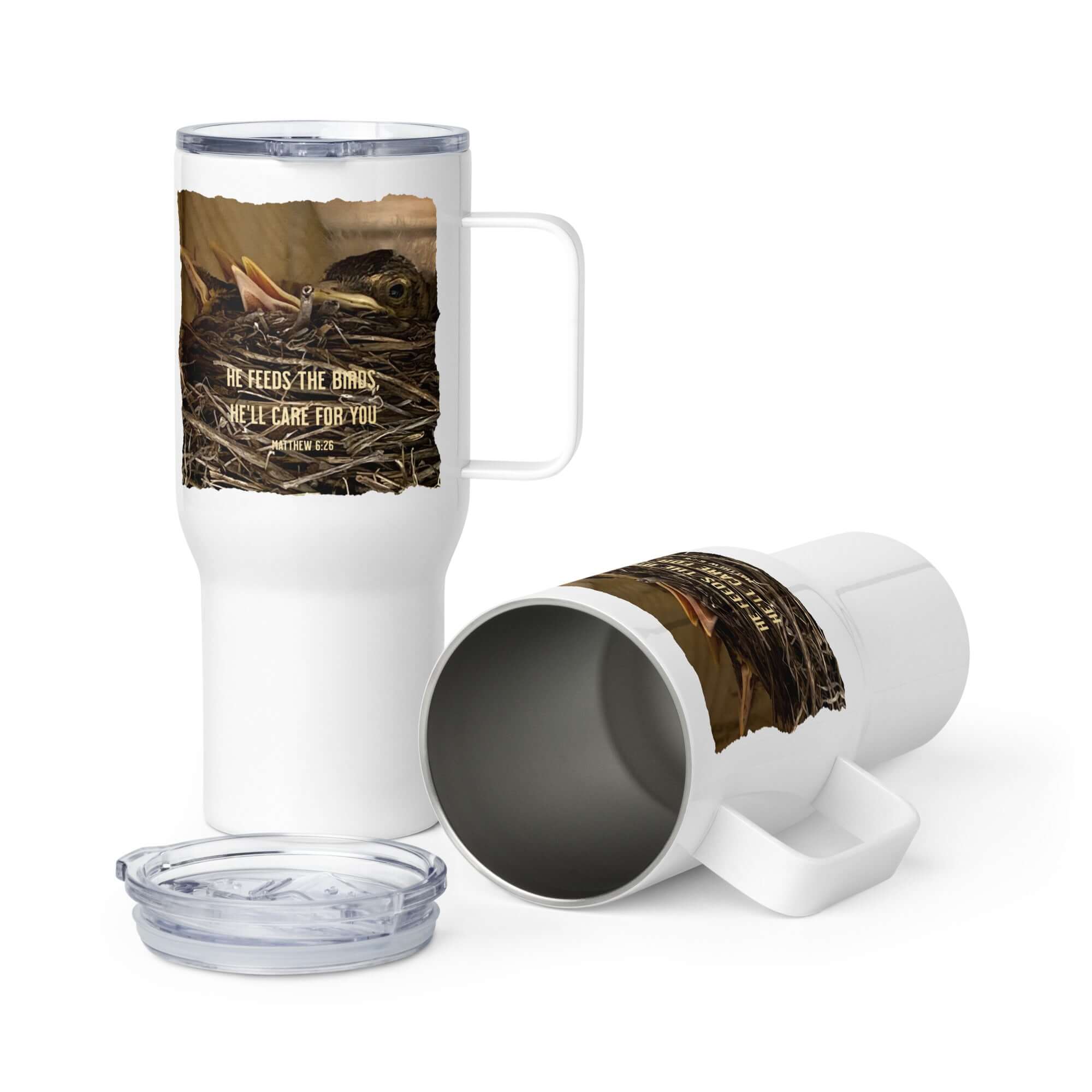 Matthew 6:26 Baby Robins, He'll Care for You Travel Mug with a Handle Default Title