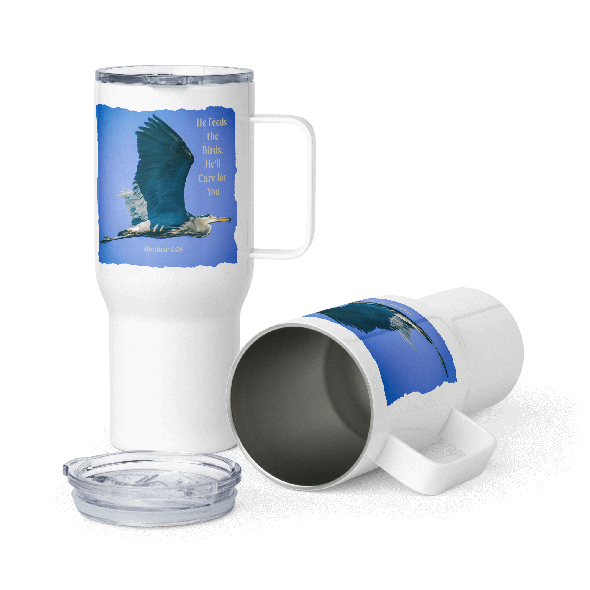 Matthew 6:26 Graceful Heron, He'll Care for You Travel Mug with a Handle Default Title