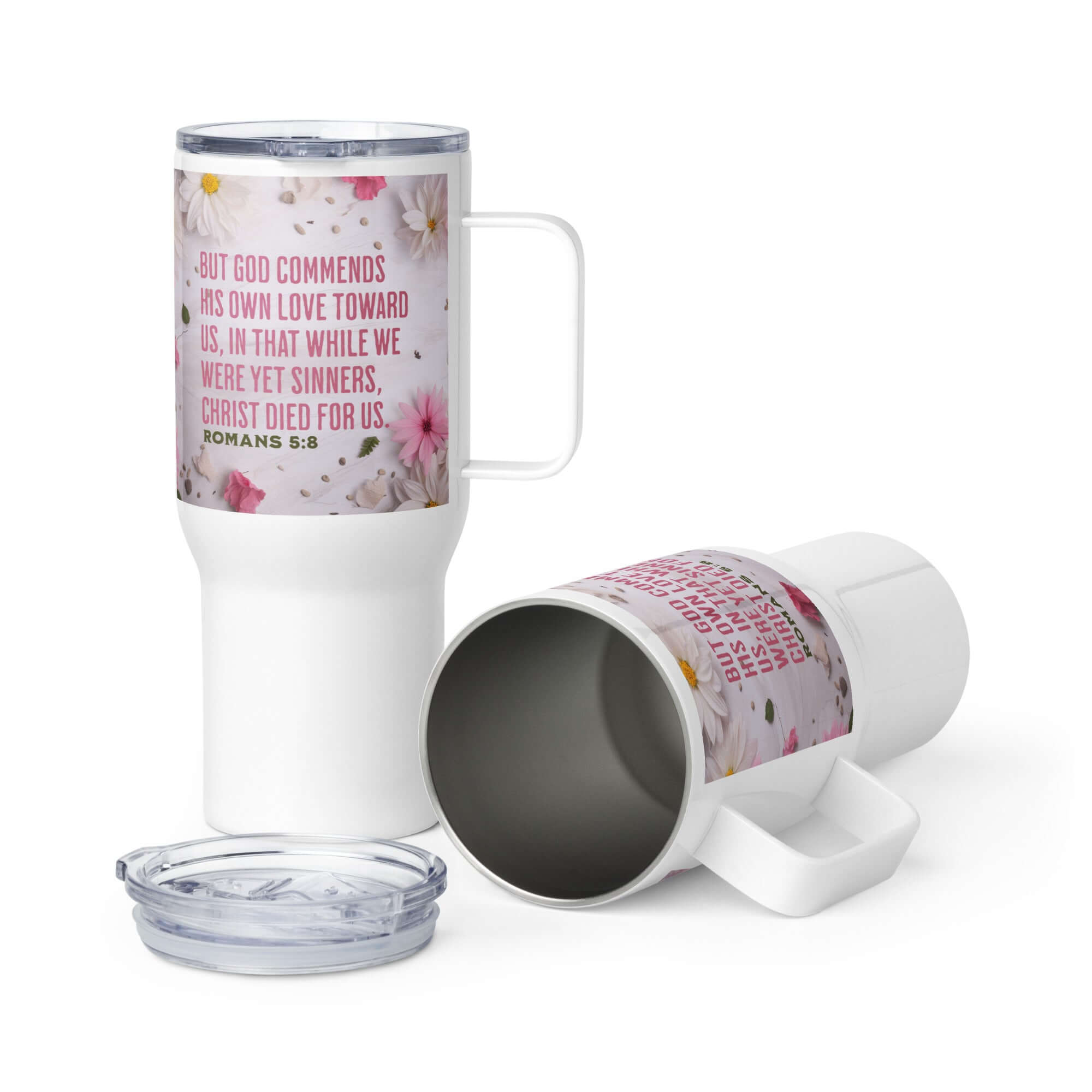 Romans 5:8 Bible Verse, Christ Died for Us Travel Mug with a Handle Default Title
