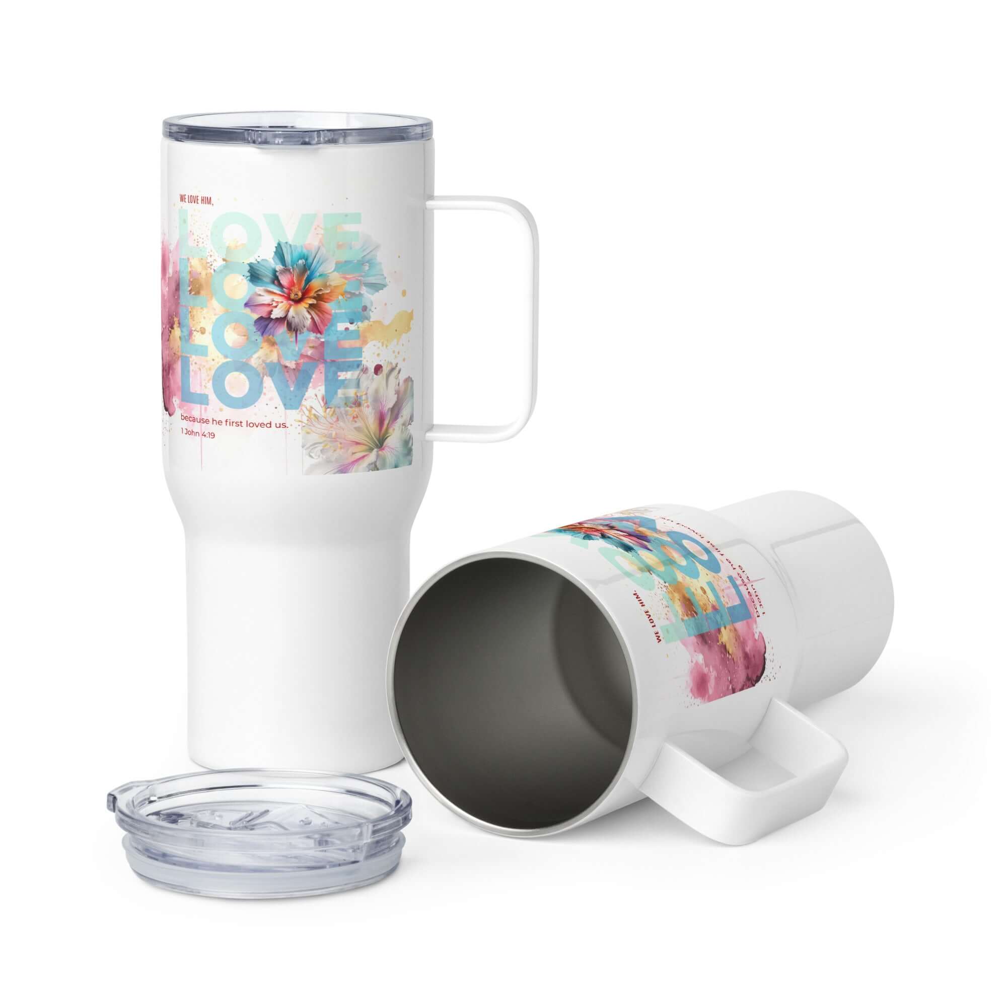 1 John 4:19 Bible Verse, We Love Him Travel Mug with a Handle Default Title