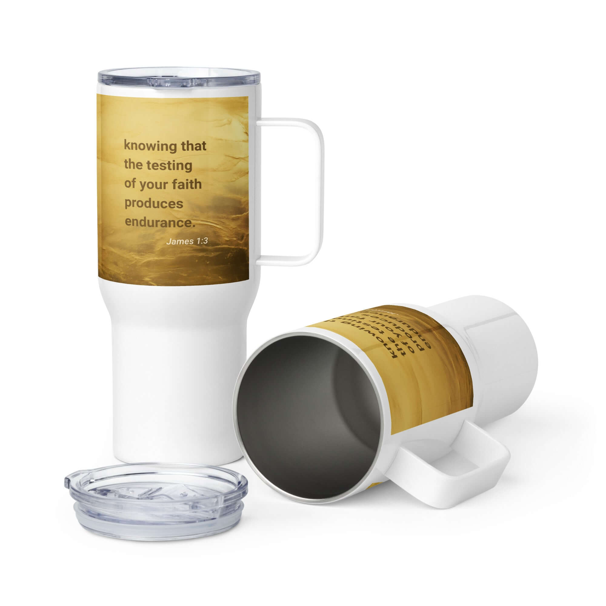 James 1:3 Bible Verse, testing of your faith Travel Mug with a Handle Default Title