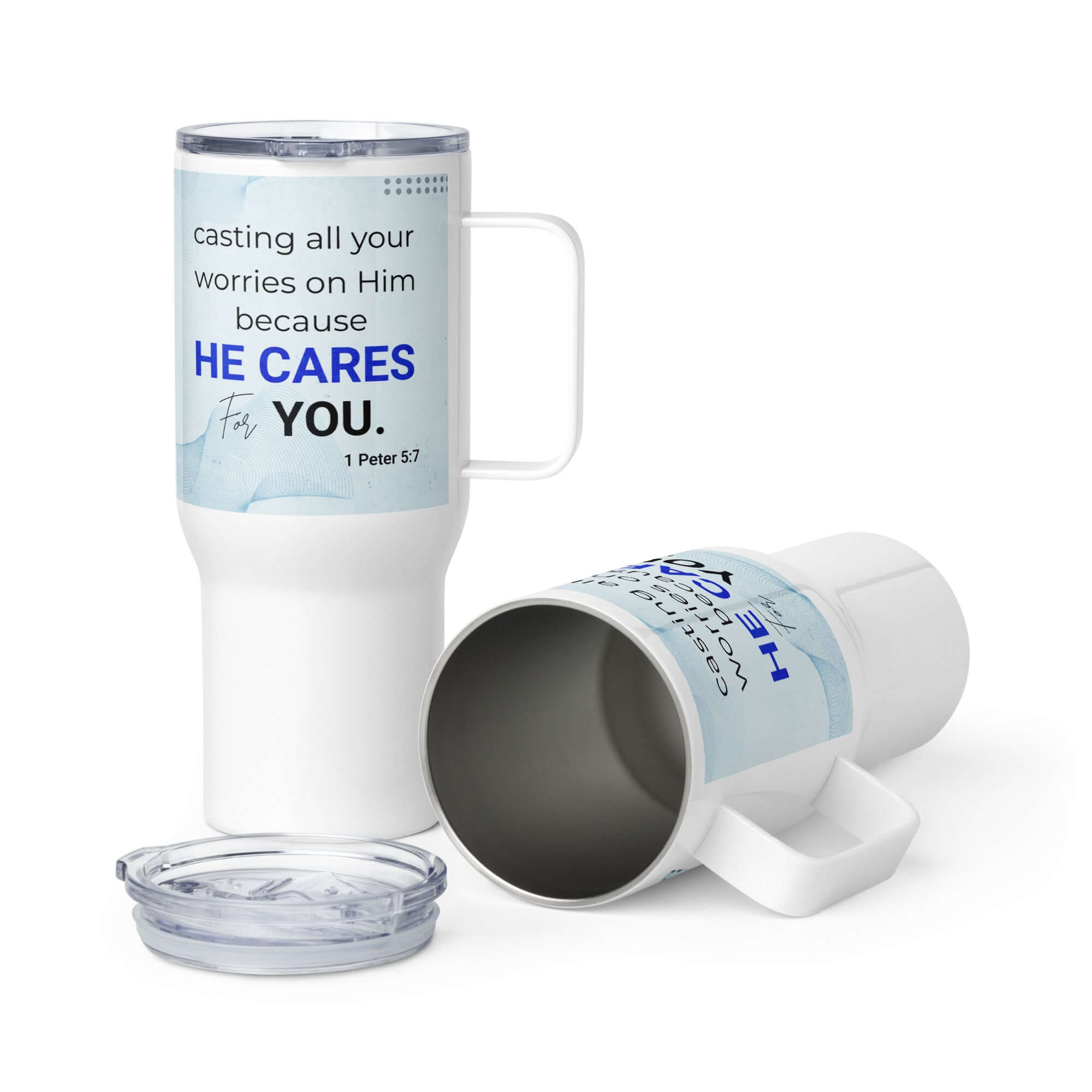 1 Peter 5:7 Bible Verse, casting all your worries on Him Travel Mug with a Handle Default Title