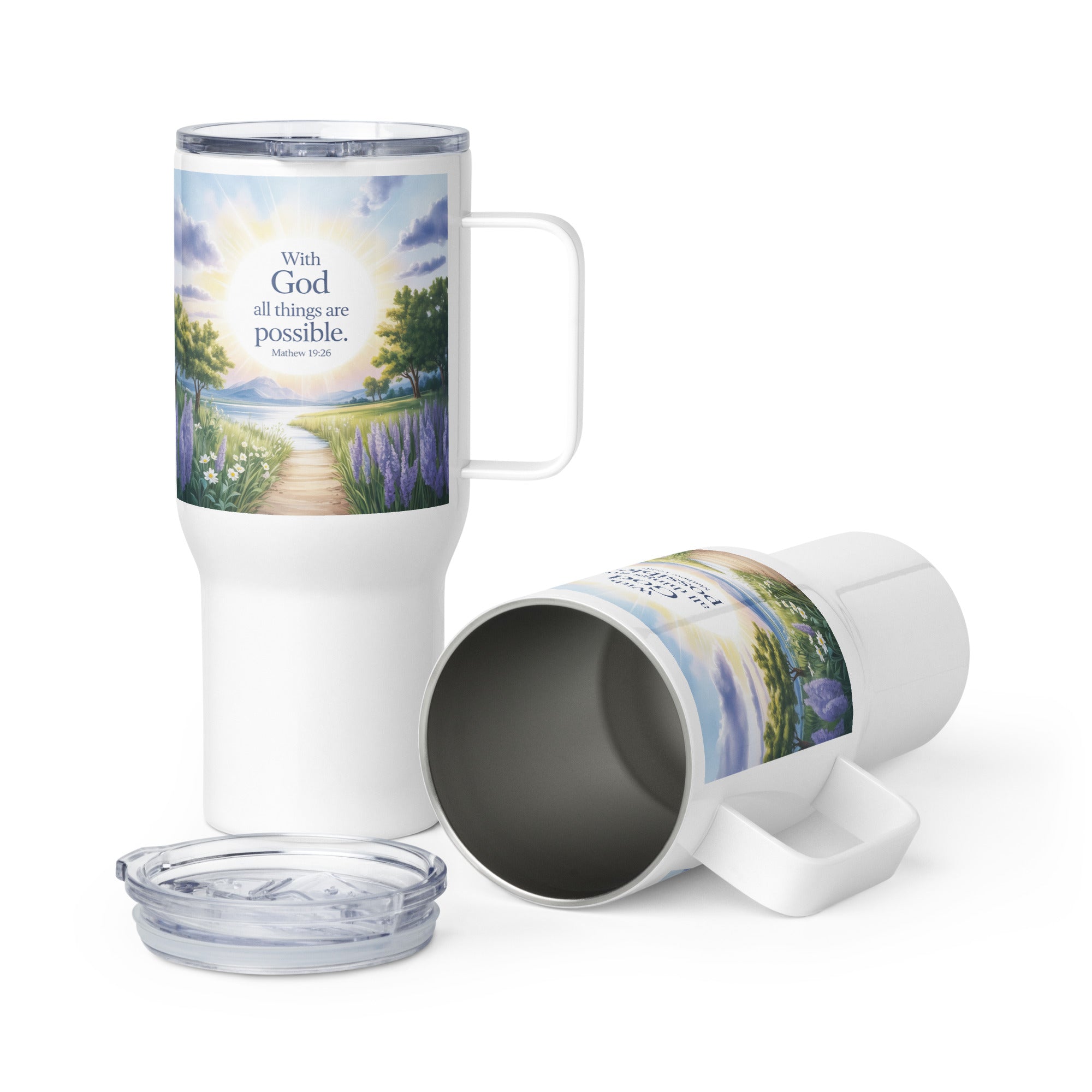Matthew 19:26 Bible Verse Looking at Travel Mug with a Handle Default Title